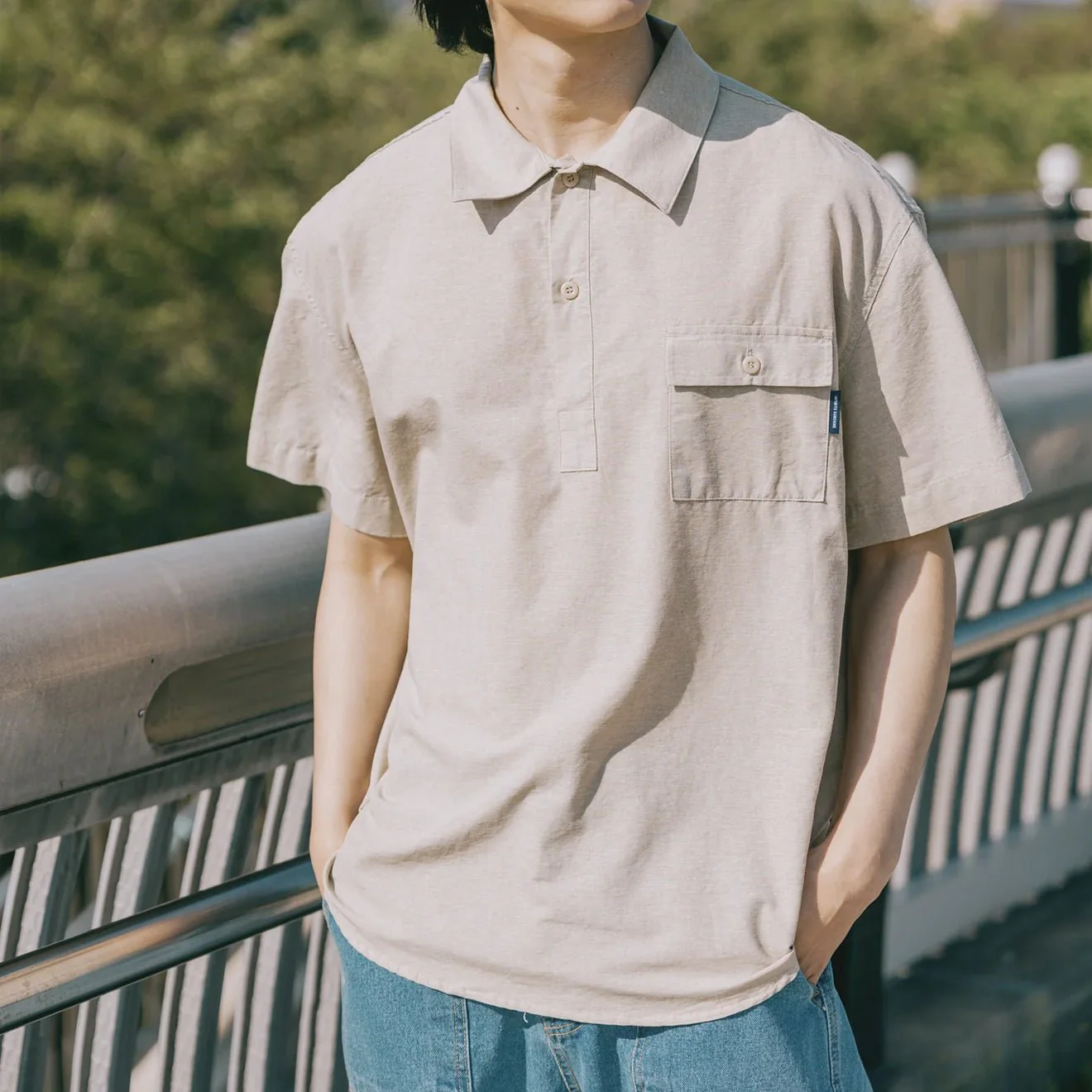 Kappy Pigment Henley Neck Half Shirt Beige - Image 2