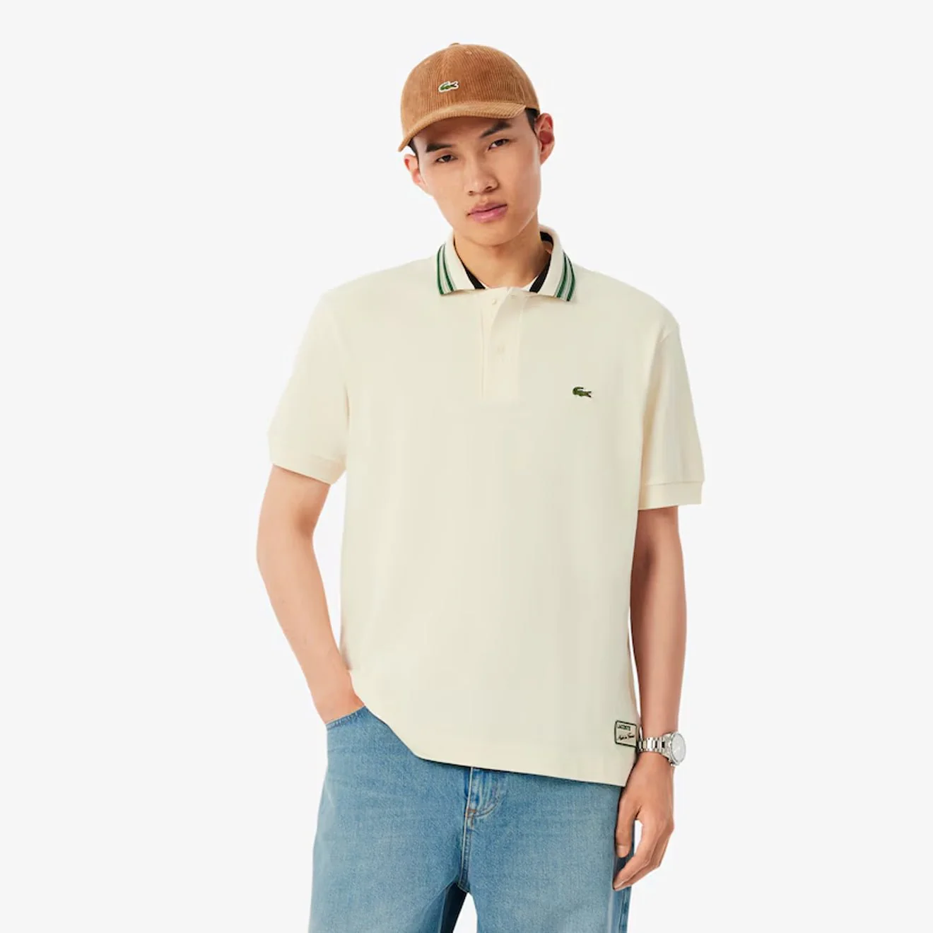 Lacoste French Made Classic Fit Stripe Collar Polo Shirt Ecru White - Image 2