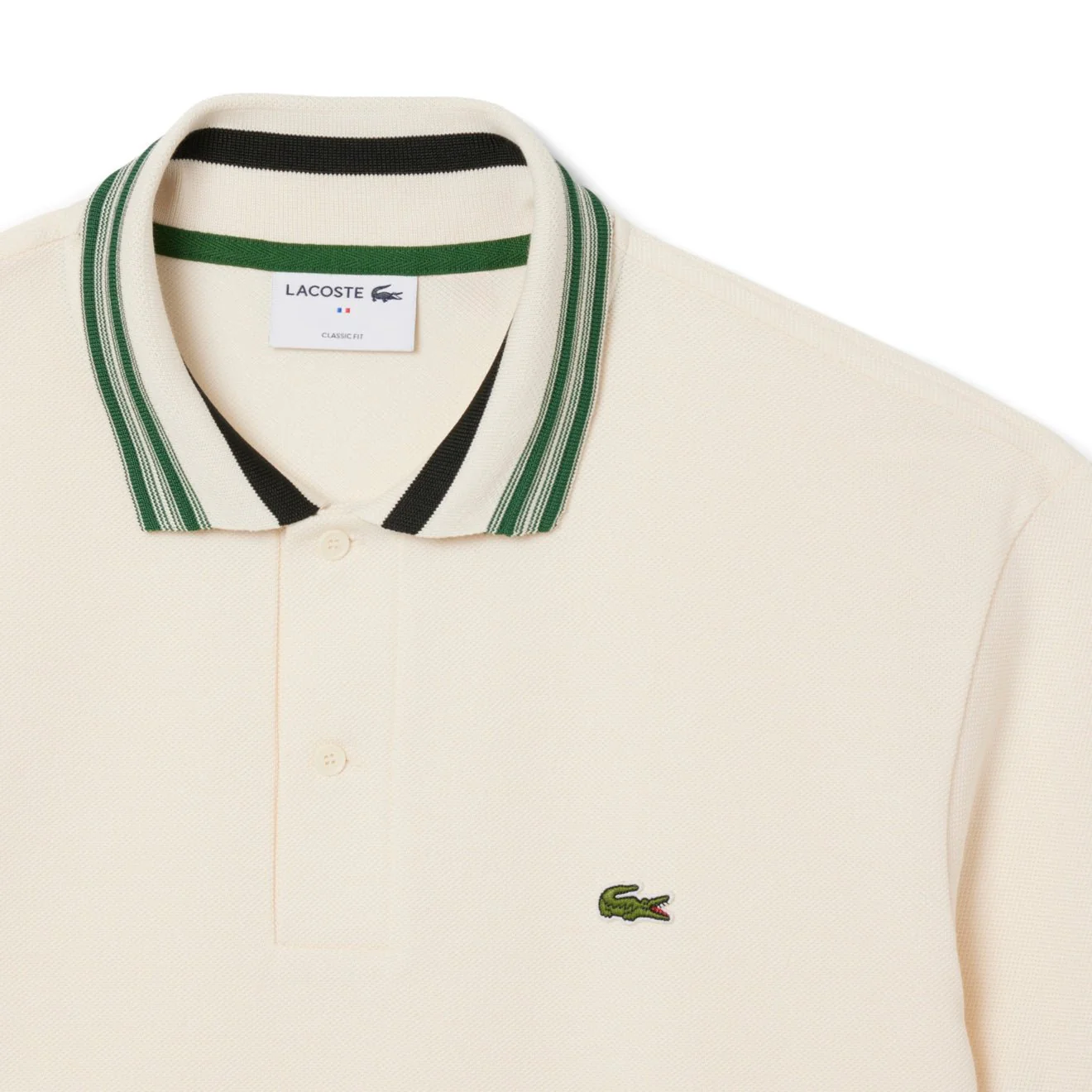 Lacoste French Made Classic Fit Stripe Collar Polo Shirt Ecru White - Image 3