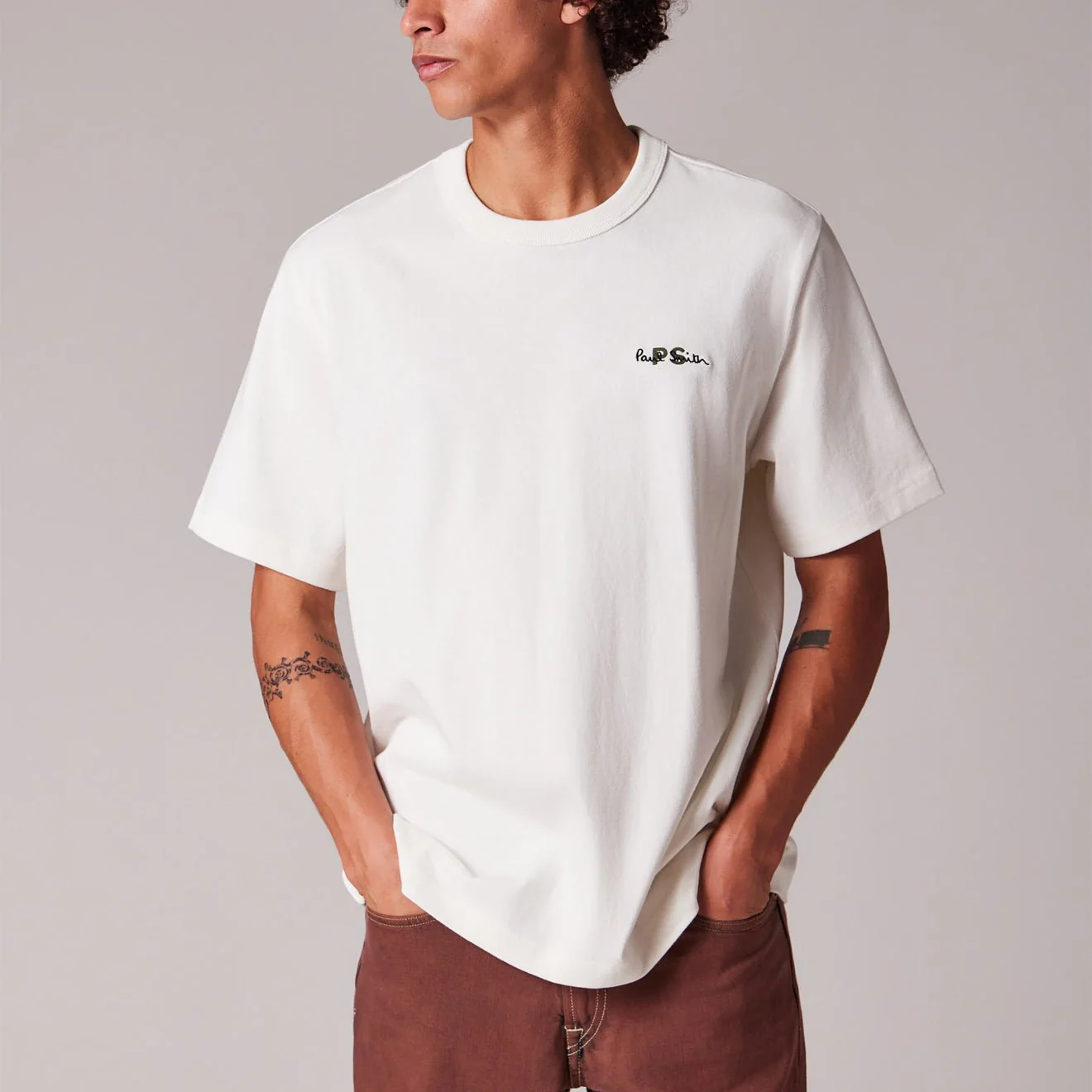 Paul Smith Logo Embroidery Cotton T-Shirt Ecru - Image 3