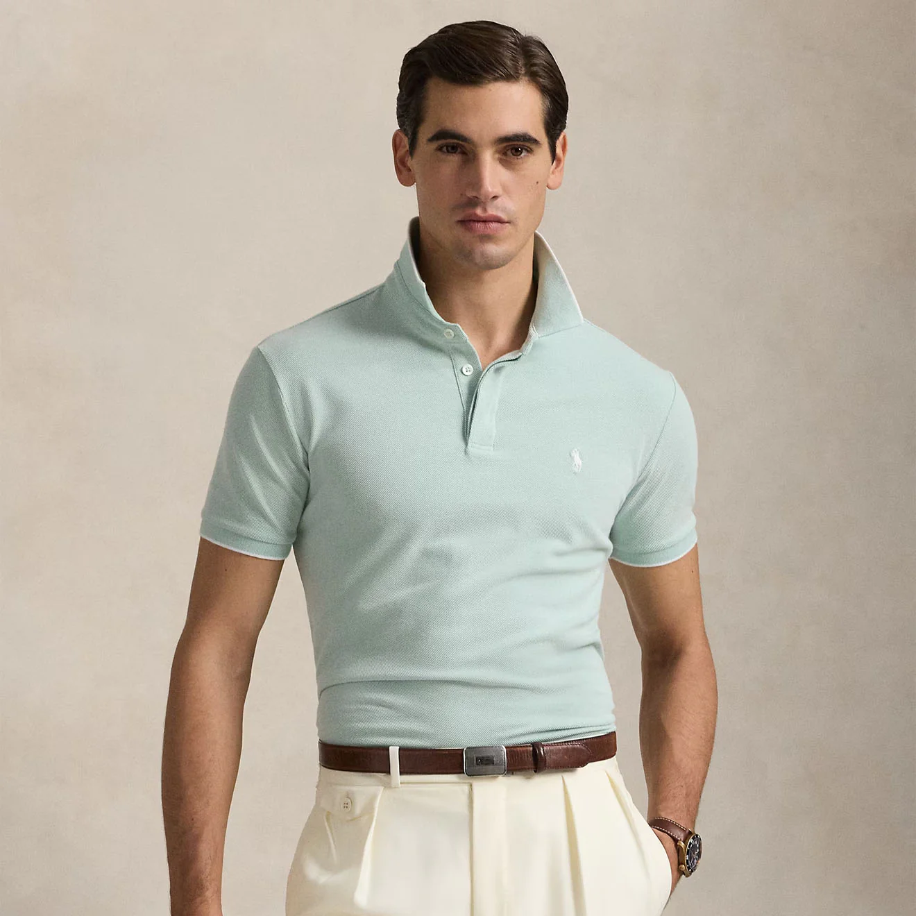 Polo Ralph Lauren Custom Slim Fit Stretch Oxford Mesh Polo Celadon/White - Image 2