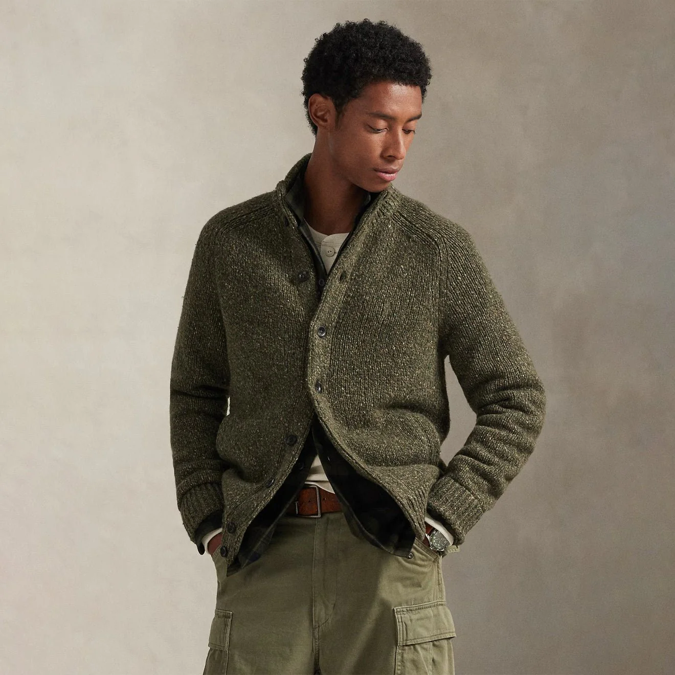 Polo Ralph Lauren Wool-Blend Mockneck Cardigan Olive Marl - Image 2
