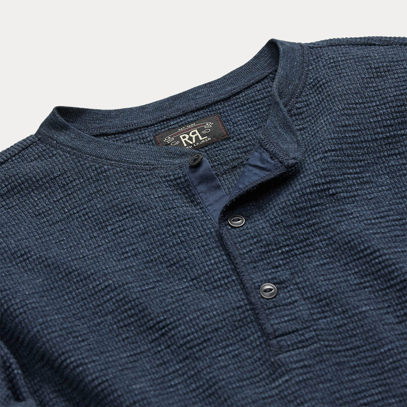 RRL By Ralph Lauren Waffle Knit Henley Long Sleeve Pullover Navy Heather - Image 3