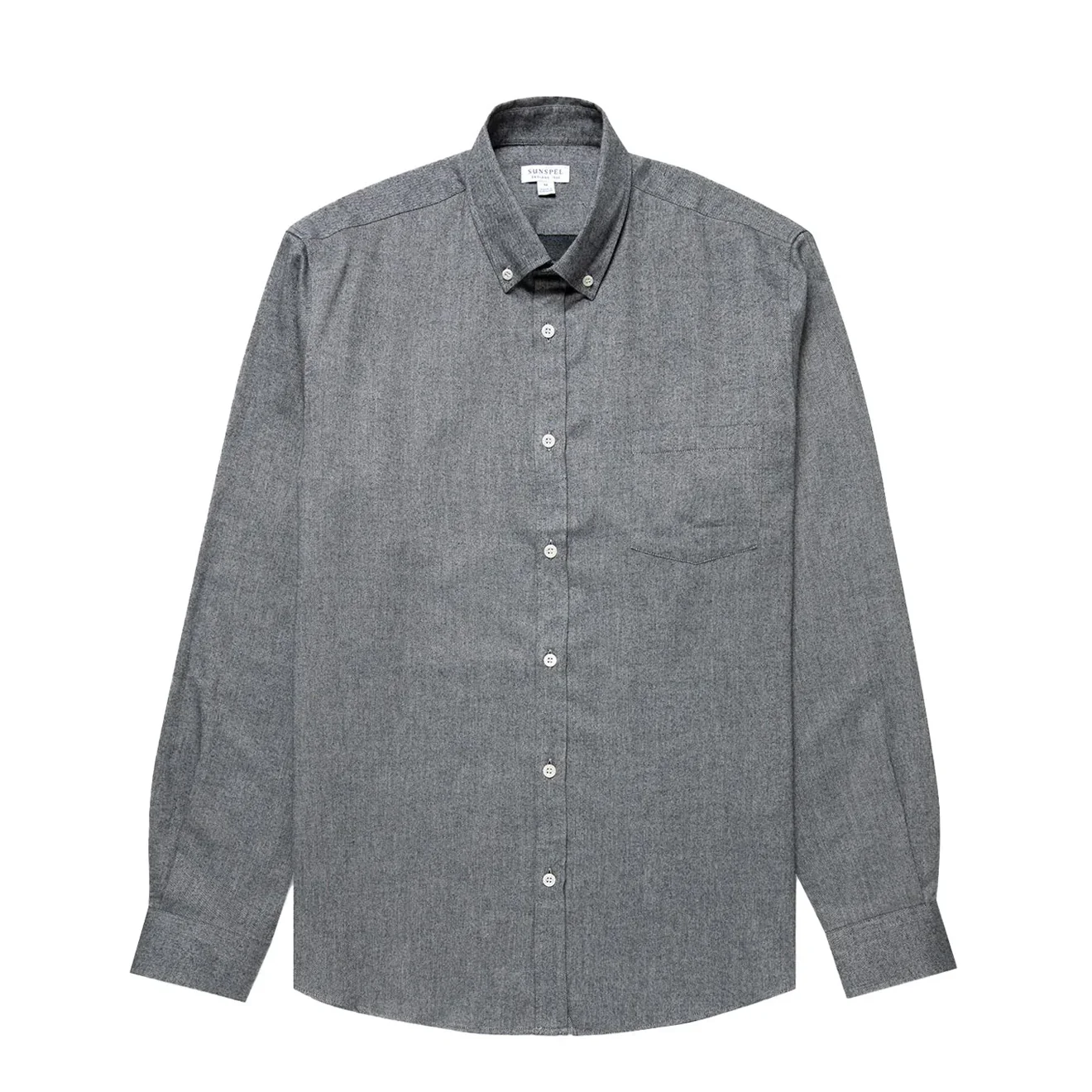 Sunspel Brushed Cotton Flannel Shirt Mid Grey Melange